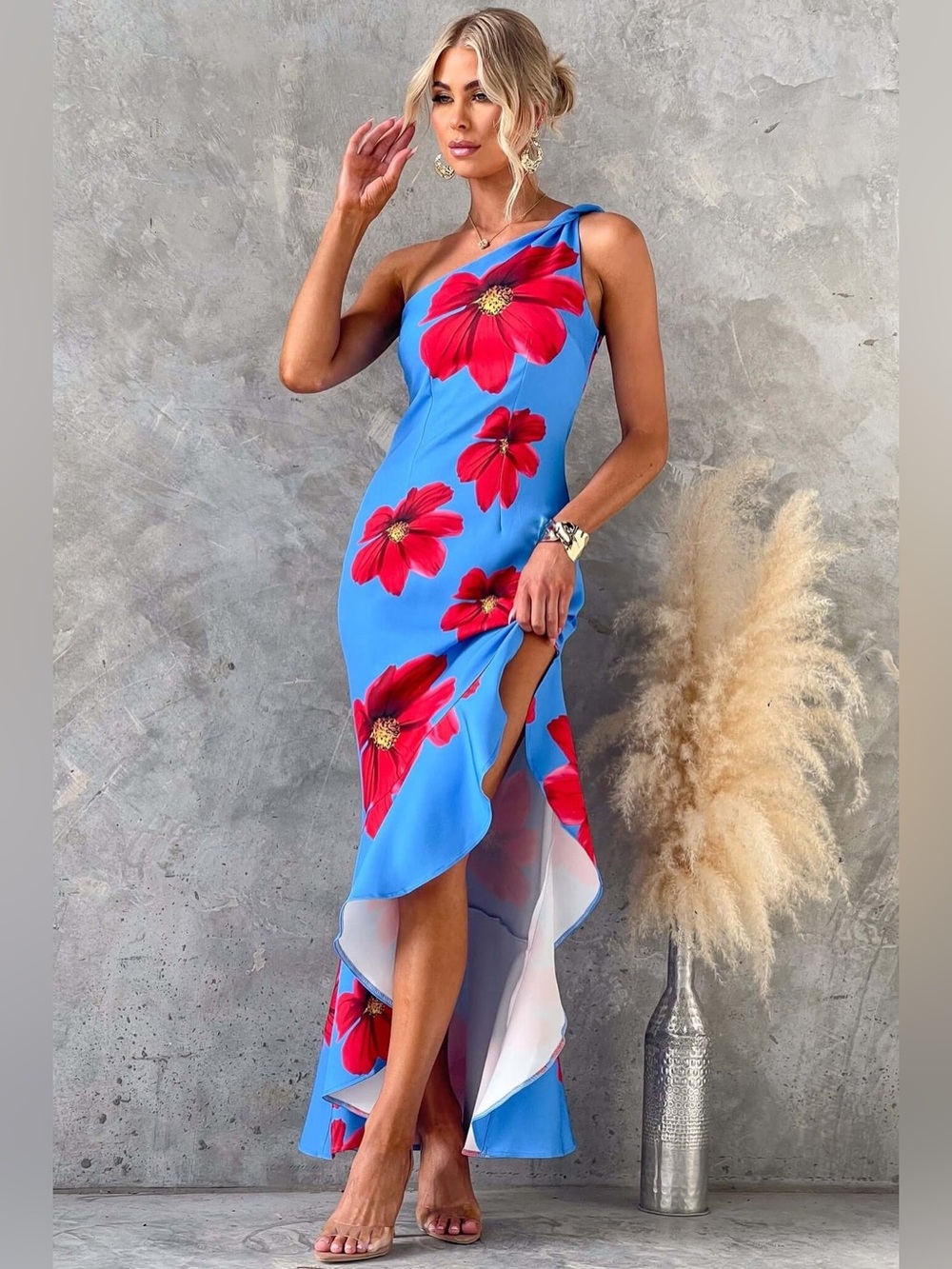 Saint & Secrets One-Shoulder Blue Floral Evening Dress